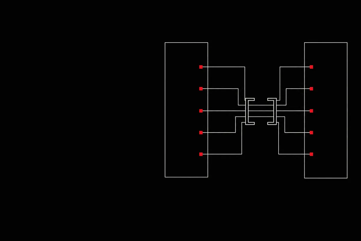 Line illustration of two systems connected through a bracket-shaped interface